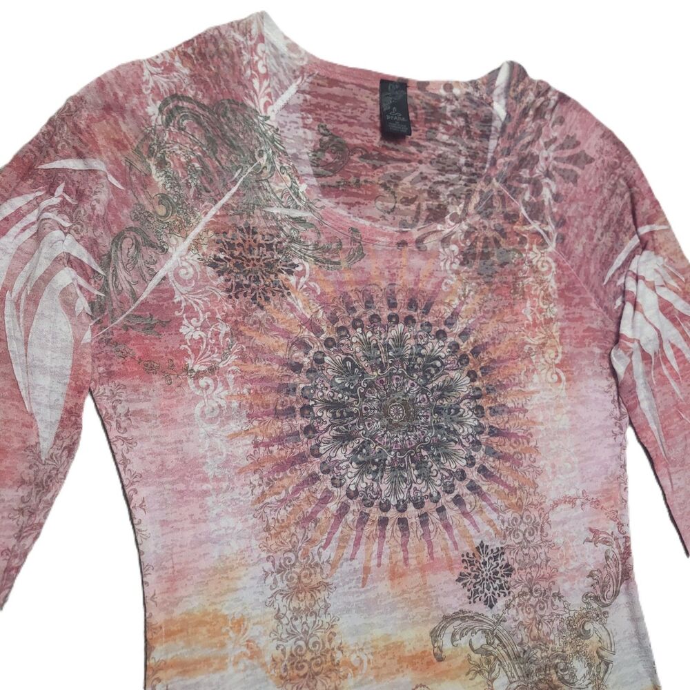 PrAna Rapture Womens M Top Long Sleeve Boho Shirt Wide Collar Vibrant Print USA - Picture 2 of 10